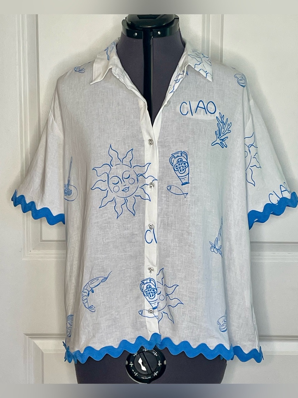 Jane + Delancey XL White Blue Linen Blend Ciao Italy Button Front Shirt Top